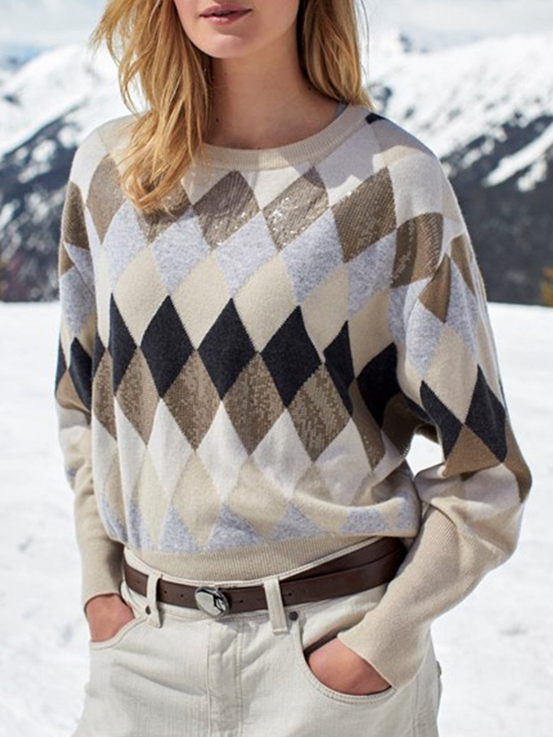 Apricot Printed Long Sleeve Ombre/tie-Dye plus size Sweater | EGEMISS