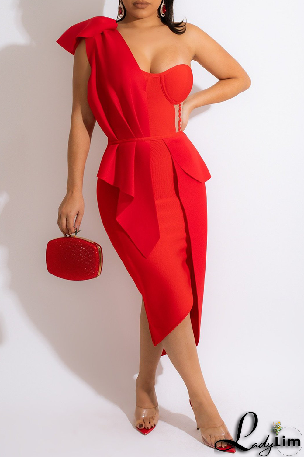 Red Sexy Solid Flounce One Shoulder Irregular Dress Dresses