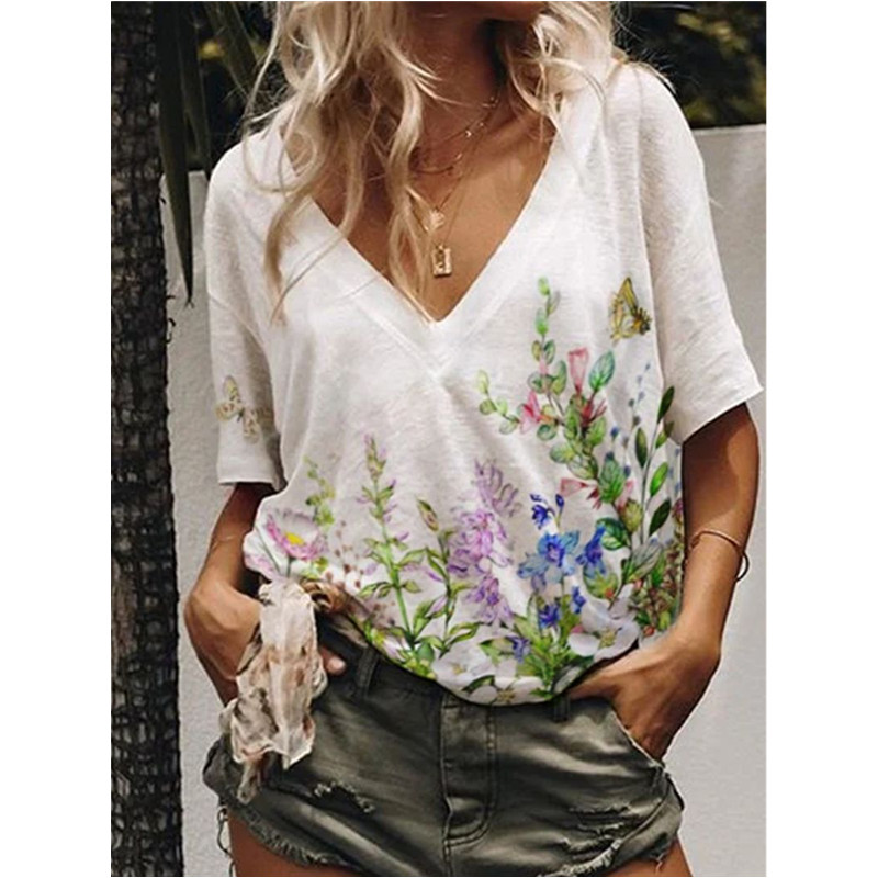 Fashion Tops Sexy Print Casual Loose V Neck Short Sleeve T-Shirt