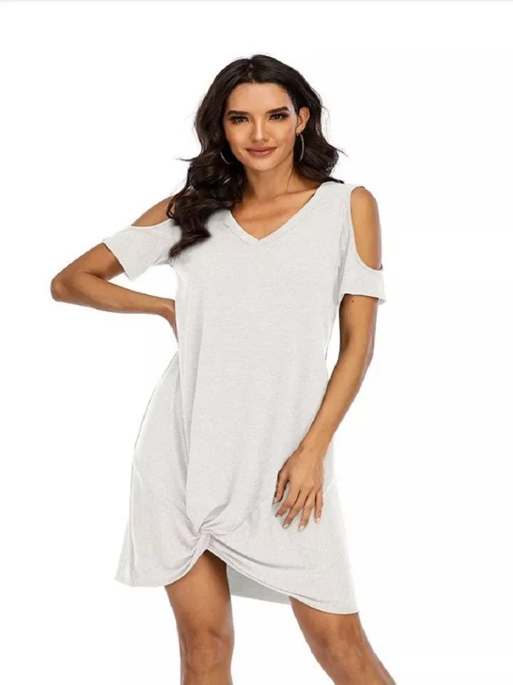 Loose Solid Color Short Sleeve V-neck T-shirt Dress White Dresses | EGEMISS