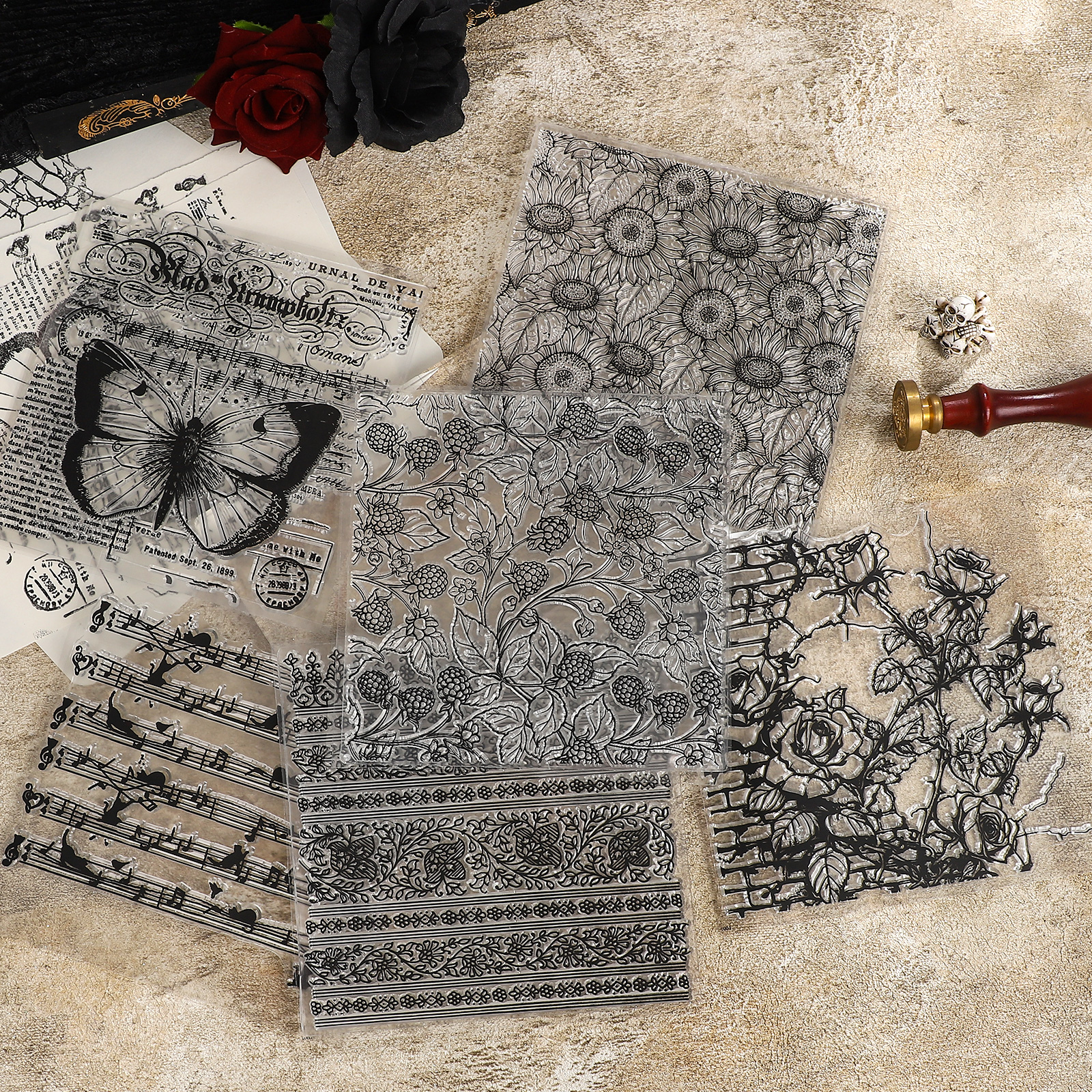 실리콘 스탬프 - 빈티지 해바라기 식물 꽃 나비 풍경 투명