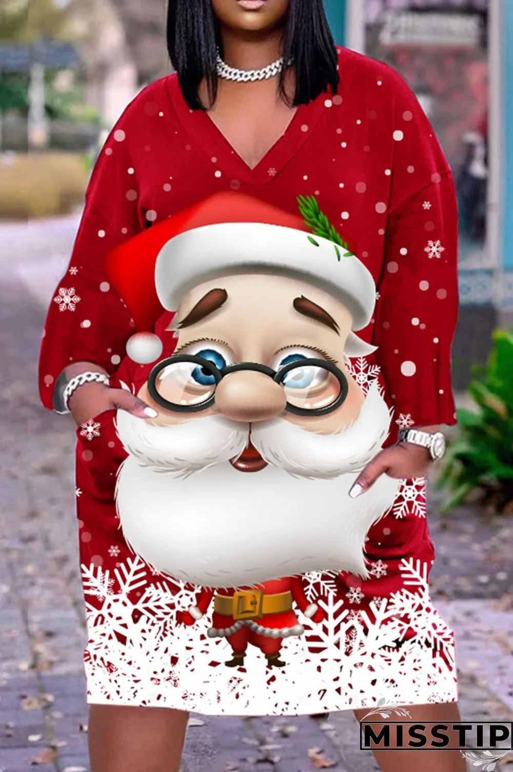 Black Casual Print Patchwork V Neck Long Sleeve Dresses