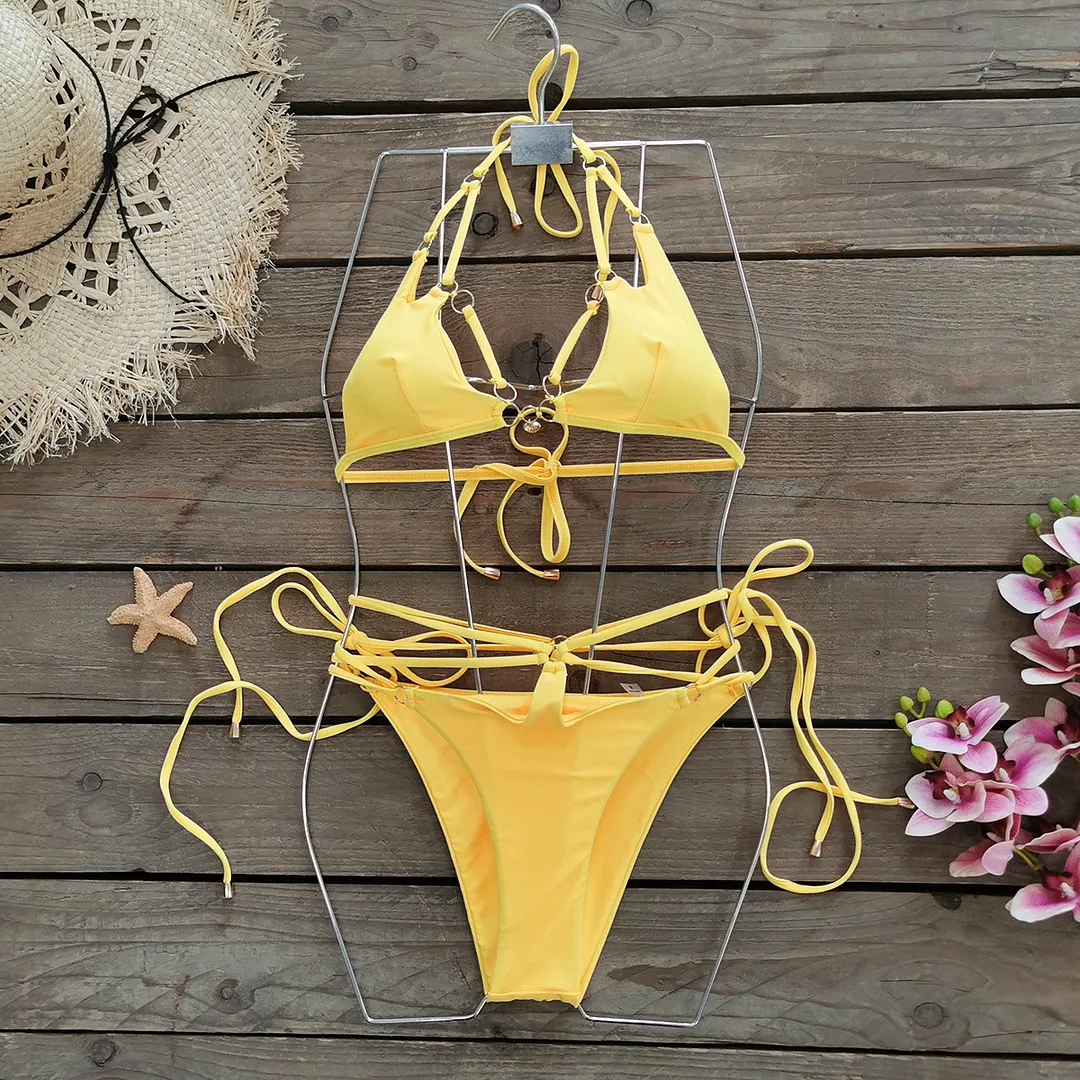 Uveng Three-Point Solid-Color Bikini 2025 New Split Swimsuit Female Strap Sexy Bikini