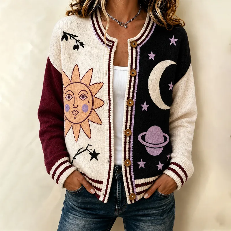 Comstylish Women's Casual Cardigan With Hippie Sun, Moon, And Star Print