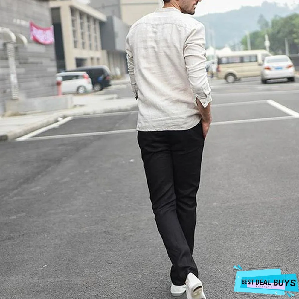 Men's Autumn Pullover Long Sleeve Fashion Stand Collar Shirt Linen