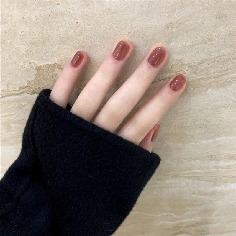 short false nails New Korean Jelly fake nails with glue Ins Elegent Pure Color Manicure Decorations Short Round False Nail Tips-Nail Inspo
