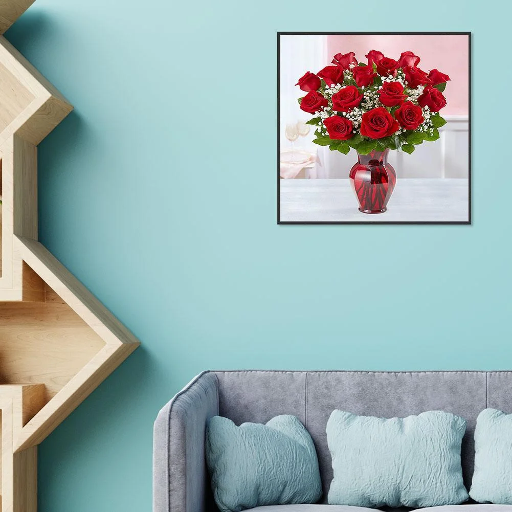 Diamond Painting - Full Round Drill - Red Rose Vase(30*30cm)