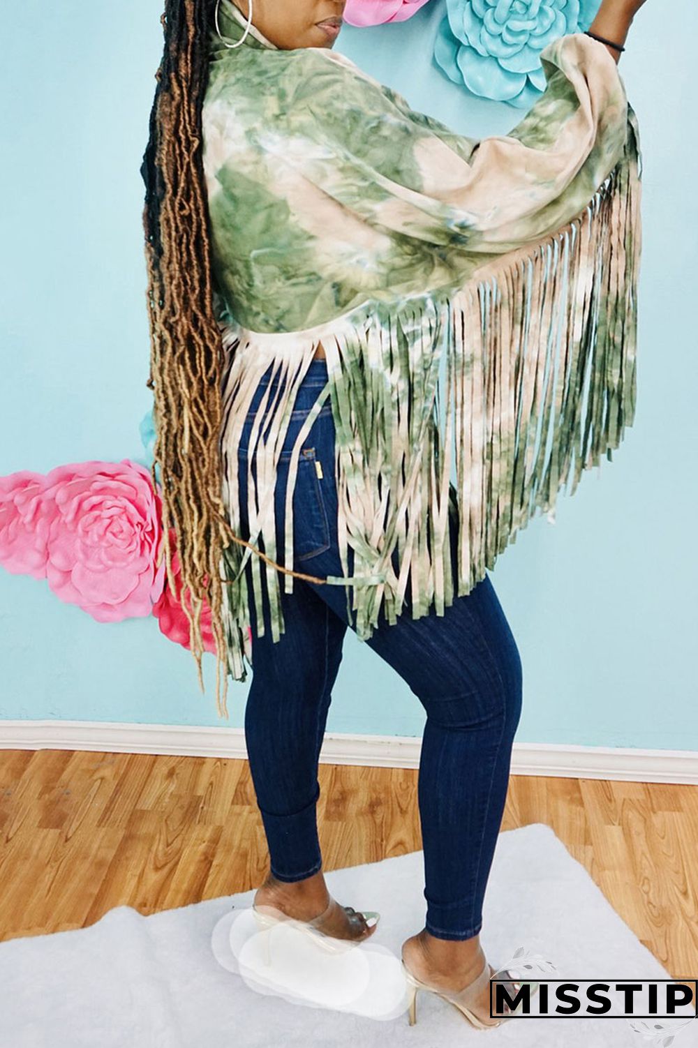 Rose Red Casual Print Tie Dye Tassel Patchwork Turtleneck Tops