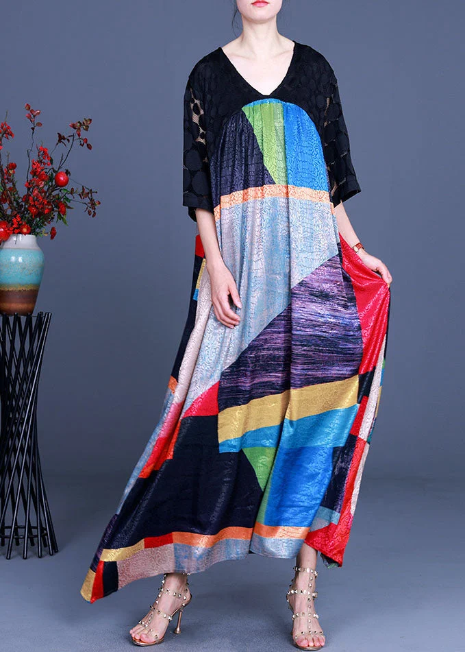 Women Black V Neck Patchwork Long Dress Half Sleeve