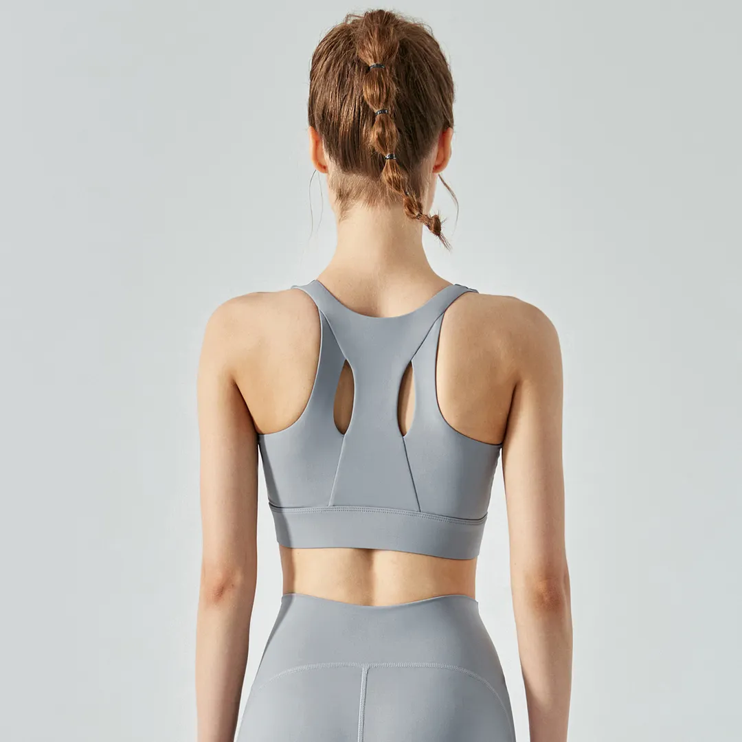 Buy Rhino Gray high support shockproof front zip workout sports bra with removable cups of high quality on Hergymclothing