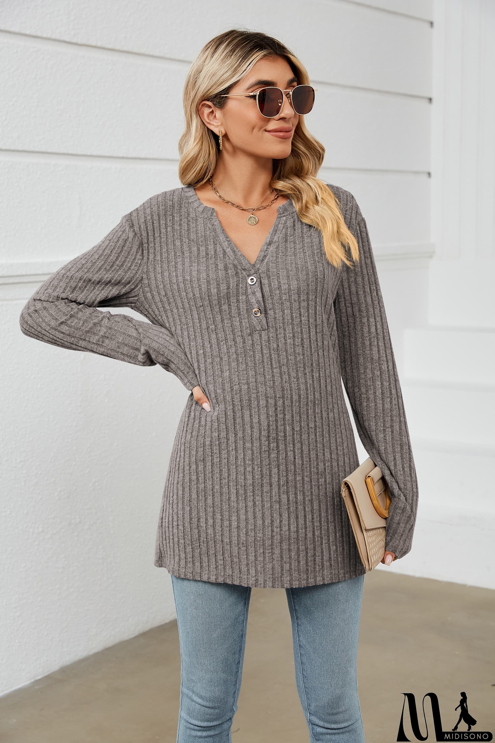 MidiSono - Notched Neck Ribbed Long Sleeve T-Shirt