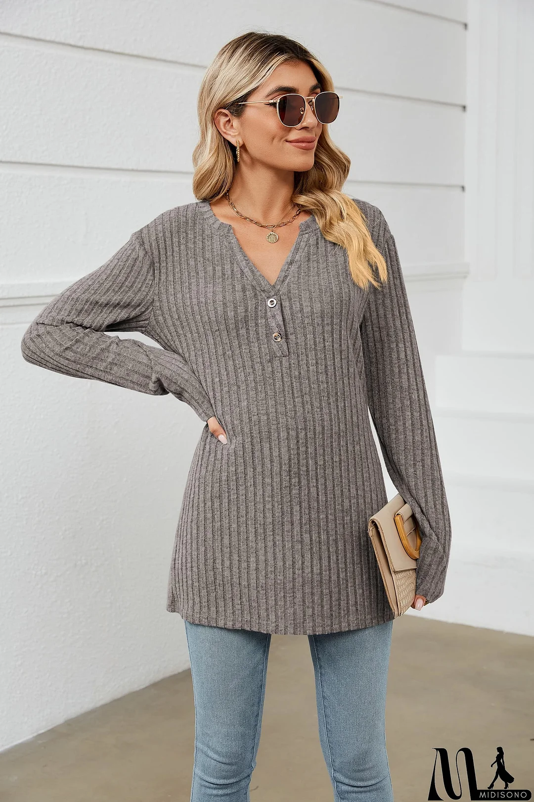 MidiSono - Notched Neck Ribbed Long Sleeve T-Shirt