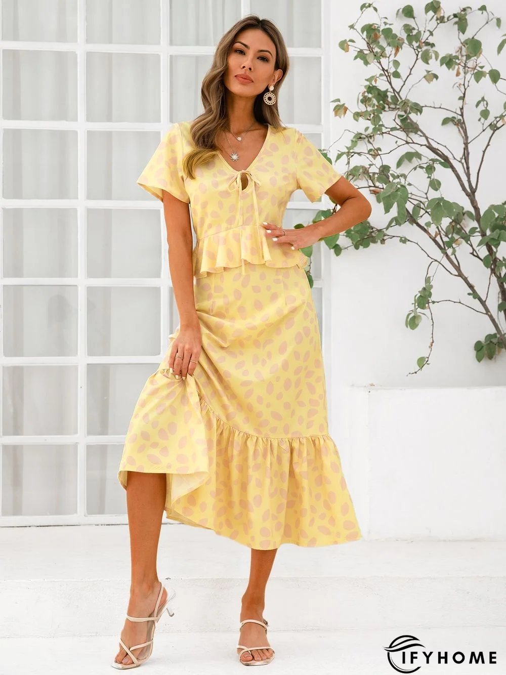 Floral V Neck Short Sleeve Weaving Dress | IFYHOME