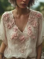 Bohemian Retro Pink Floral Pattern Women's Short-sleeve Top