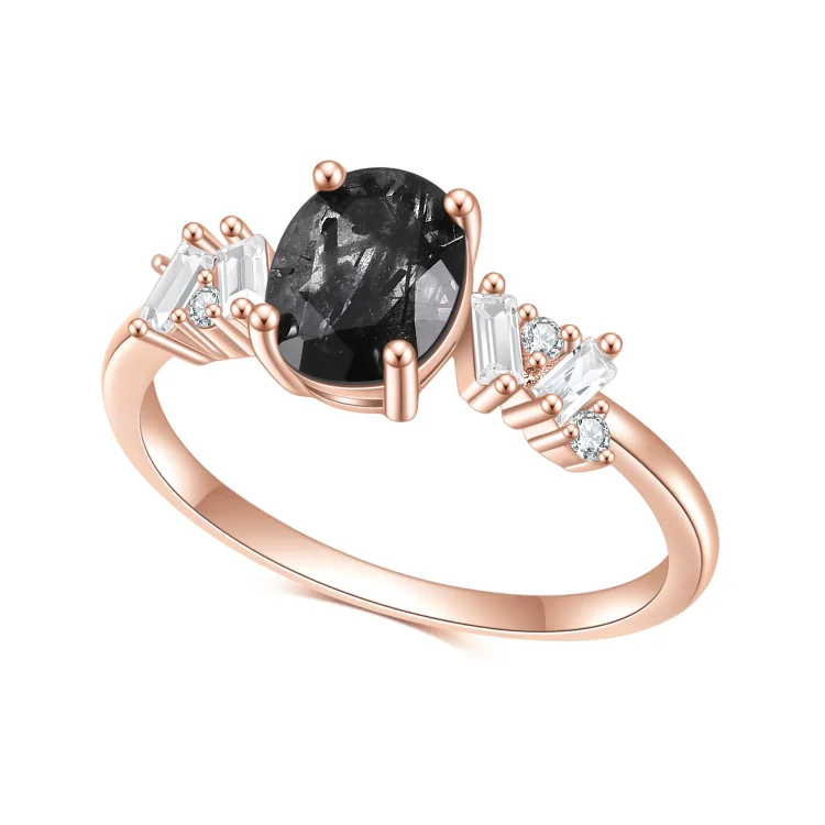 Elegant Oval Cut Black Rutilated Quartz Engagement Ring