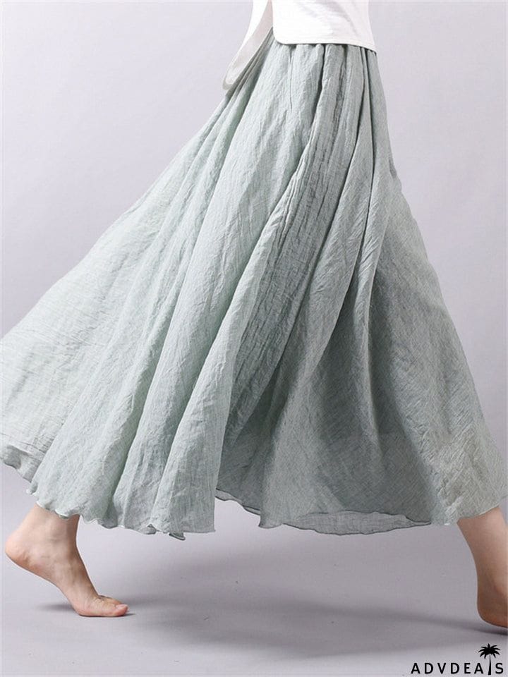 Women's Elastic Waist Pleated Maxi Linen Skirts