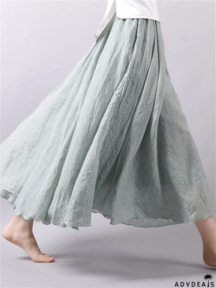 Women's Elastic Waist Pleated Maxi Linen Skirts
