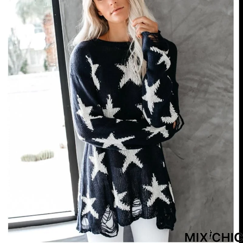 Star print knitted sweater women Casual loose autumn knitting sweater pullover jumper Ripped fashion sweater tops femme