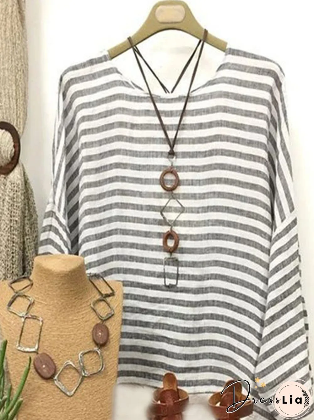 Vintage Striped Plus Size Long Sleeve Casual Tops
