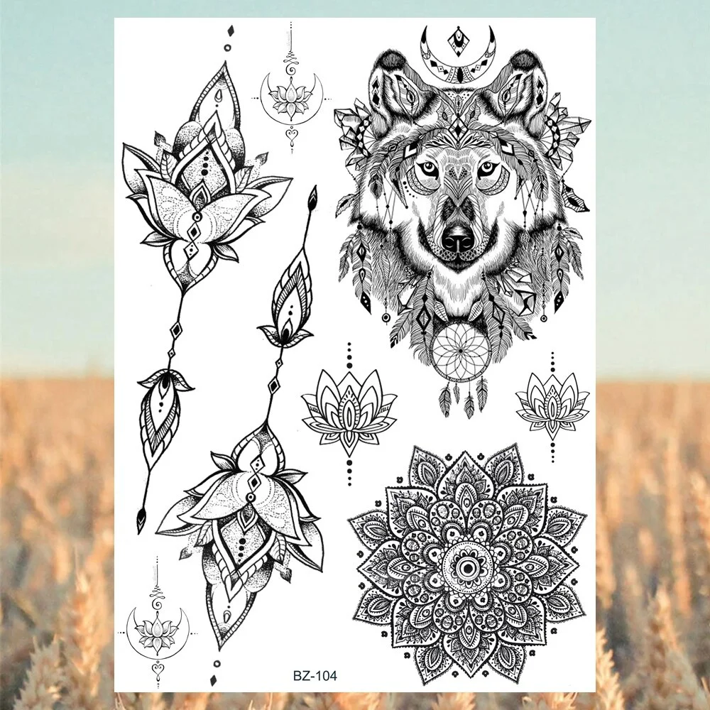 Sdrawing Black Skull Rose Flower Back Temporary Tattoos For Women Men Halloween Compass Round Fake Tattoo Sticker Skeleton