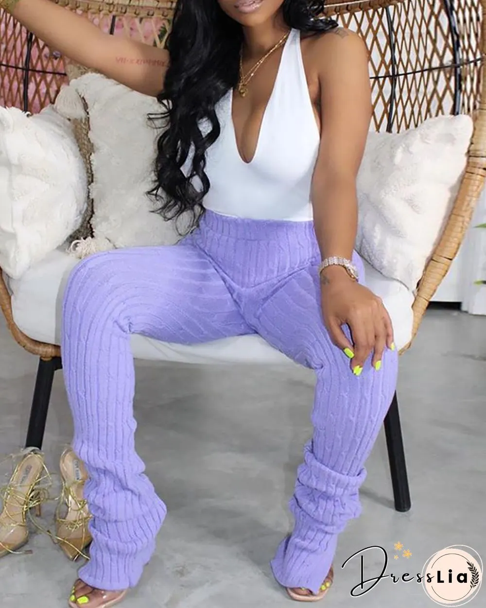 High Waist Slit Cuffed Detail Pants P12310