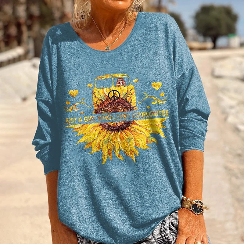 Oversized Just A Girl Who Loves Sunflowers Printed Hippie Long Sleeves T-shirt