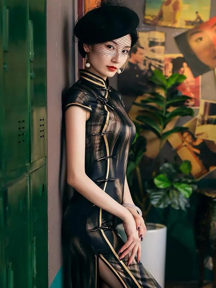 19 mome mulberry silk, High end long black Qipao