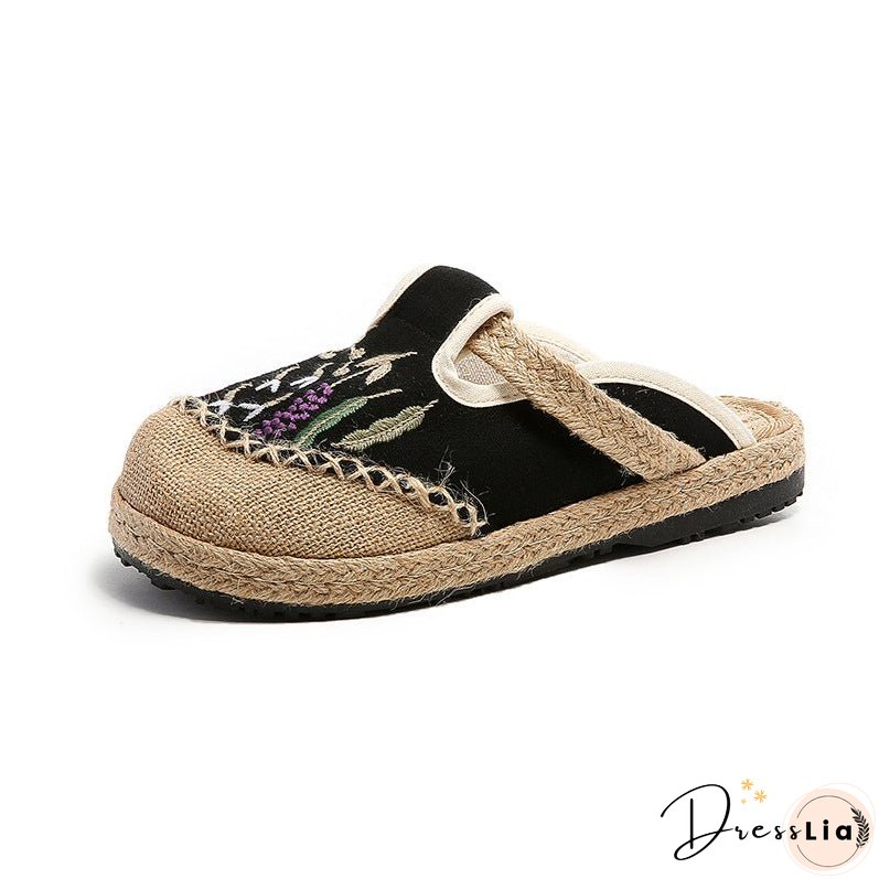 Summer New Ethnic Style Embroidered Slippers Women's Beef Tendon Bottom Cloth Shoes Women Hand-woven Linen Straw Shoes