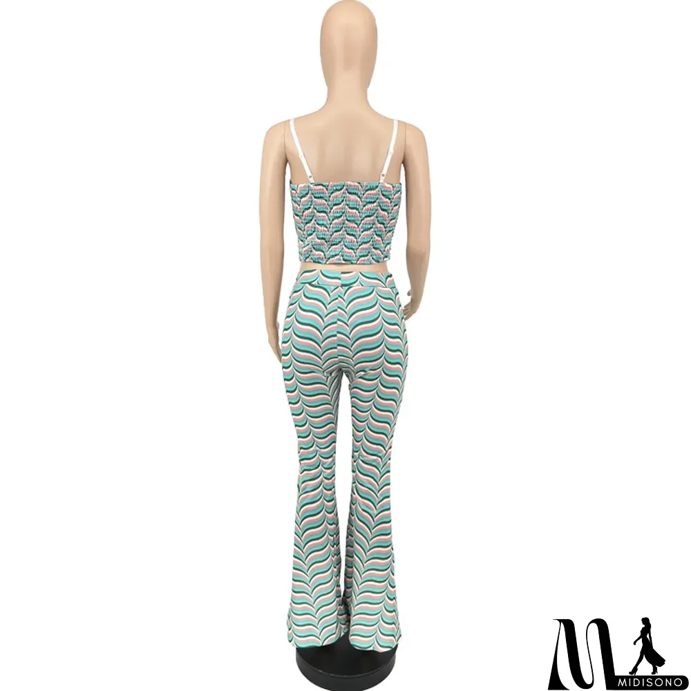 MidiSono - Women's Fashion Print Straps Backless Top Flared Pants Casual Two Piece Set