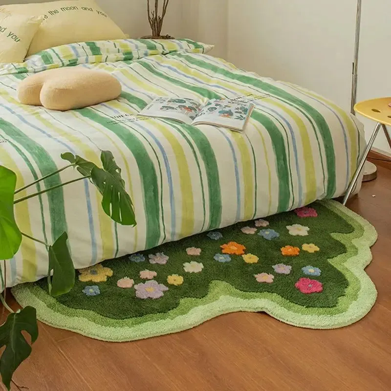 Spring Flowers Irregular Rug, Moss Rug for Bedroom