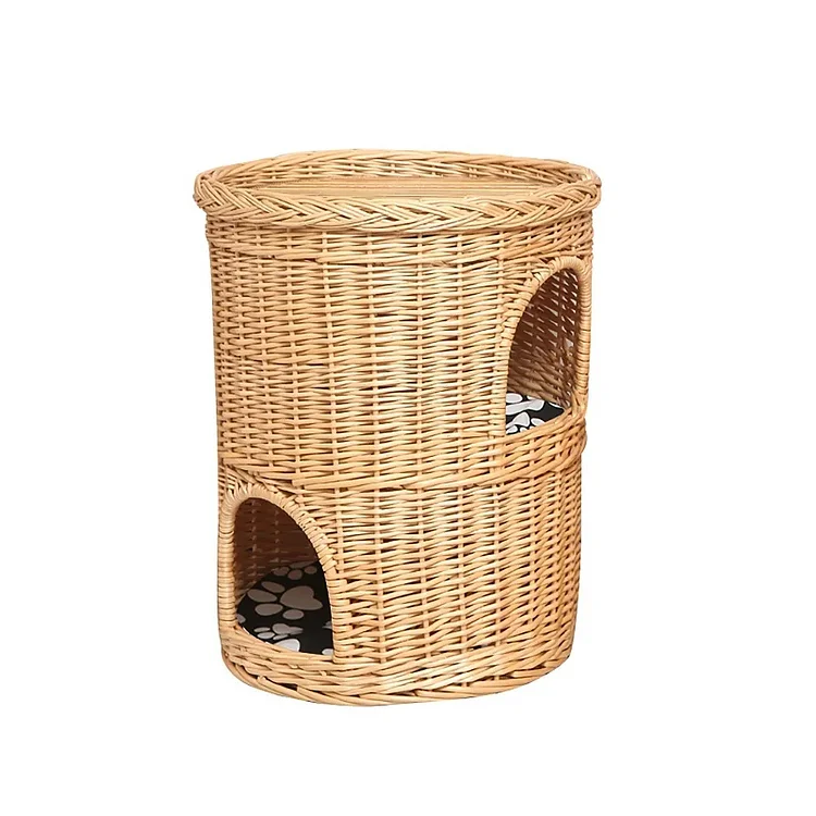 Homemys 16.5" Handmade Wicker Cat Bed 2-Tier Cat House Beige with Cotton Pad