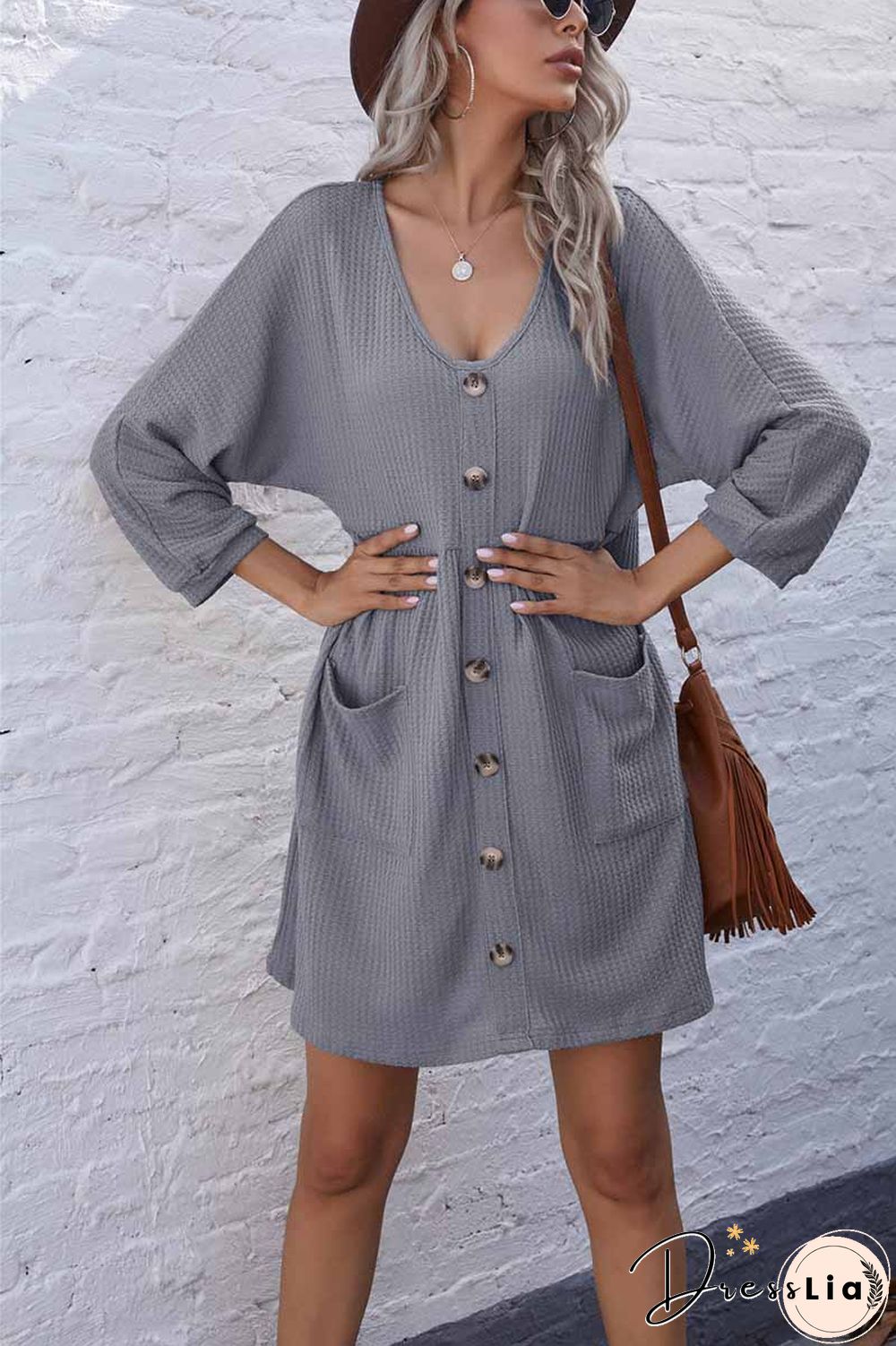 V-Neck Buttoned Loose Knit Hem Mini Dresses