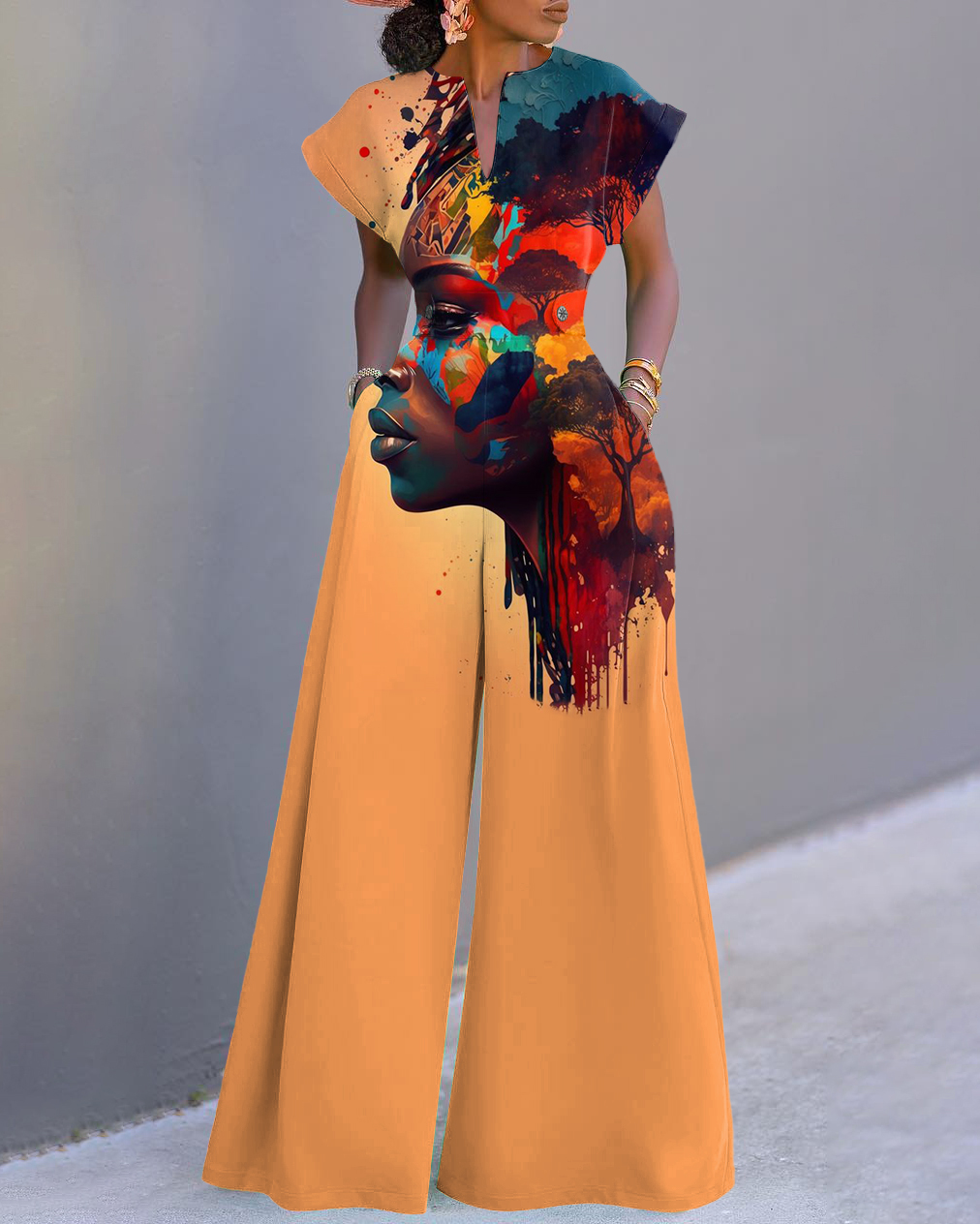 Colorful Diaspora Neckline Batwing Sleeve Wide Leg Jumpsuit