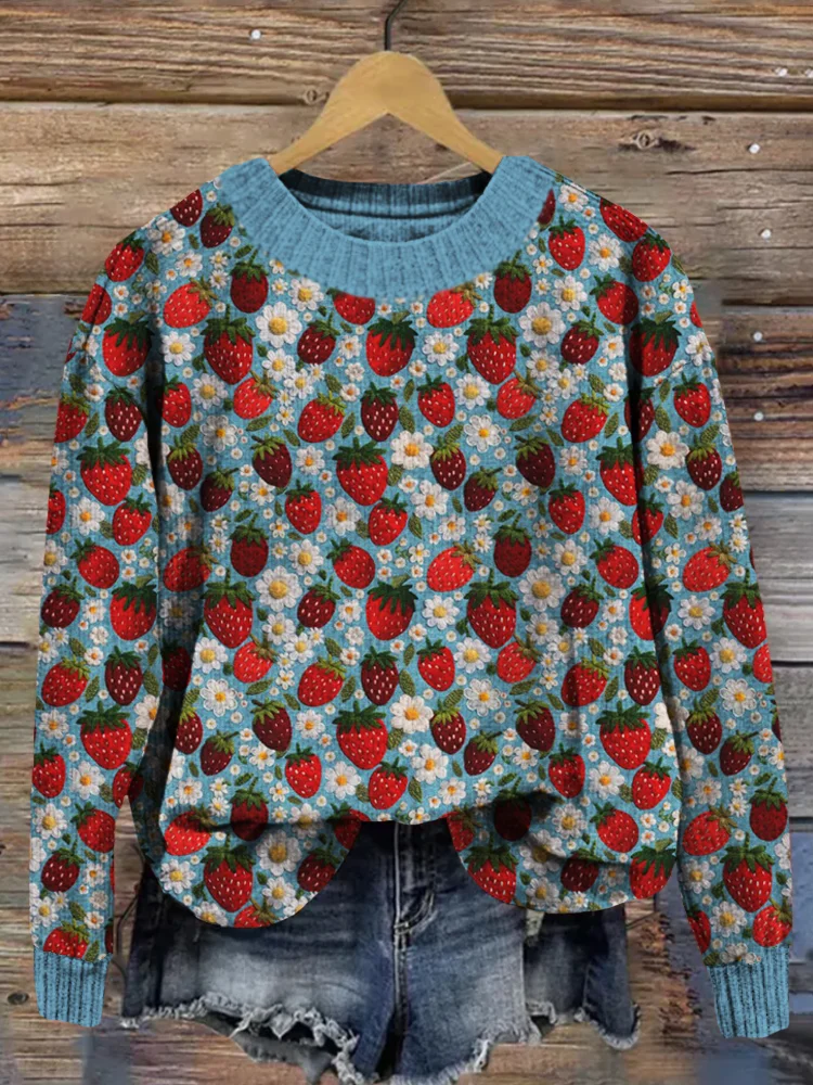 Felt Strawberries and Flowers Embroidery Art Cozy Sweater
