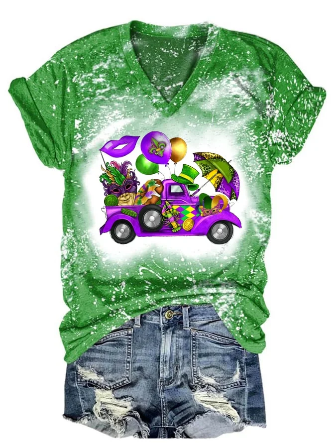 Tie Dye Mardi Gras Truck Print Short Sleeve T-Shirt socialshop