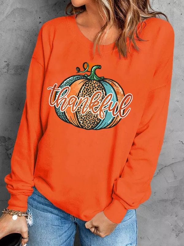 Thankful Pumpkin Print Thanksgiving Sweatshirt