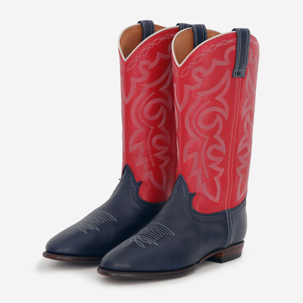 Red & Navy Round Toe Flat Mid-Calf Cowgirl Boots with Embroidery Nicepairs