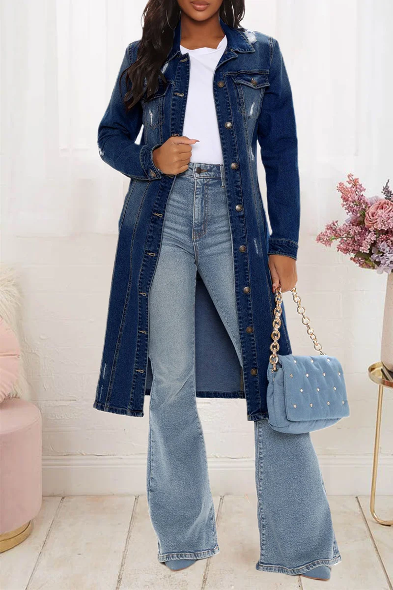 Dark Blue Casual Solid Ripped Patchwork Turndown Collar Long Sleeve Regular Denim Jacket | EGEMISS