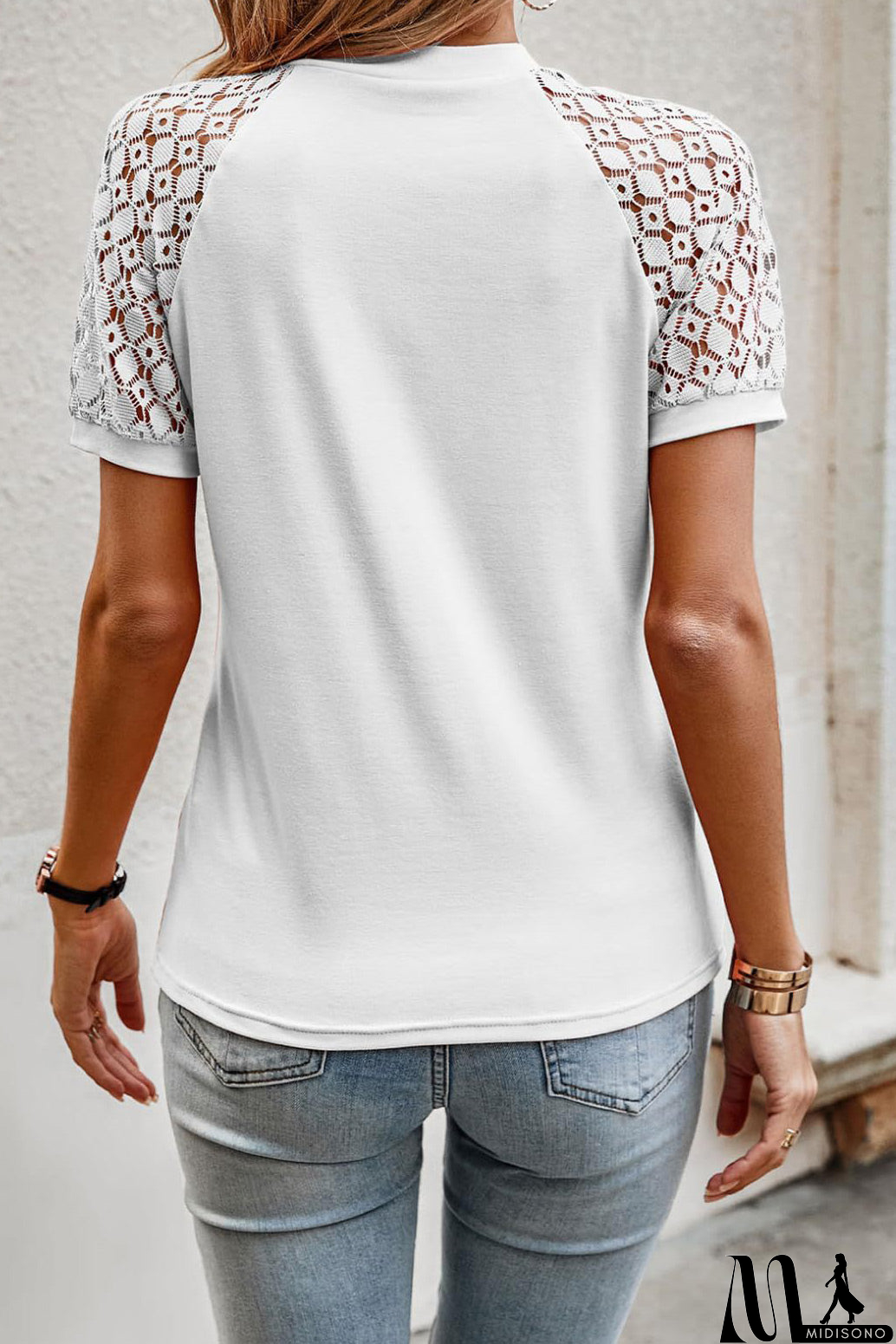 MidiSono - New Solid Pink T-shirt Lace Short-sleeve Top For Women