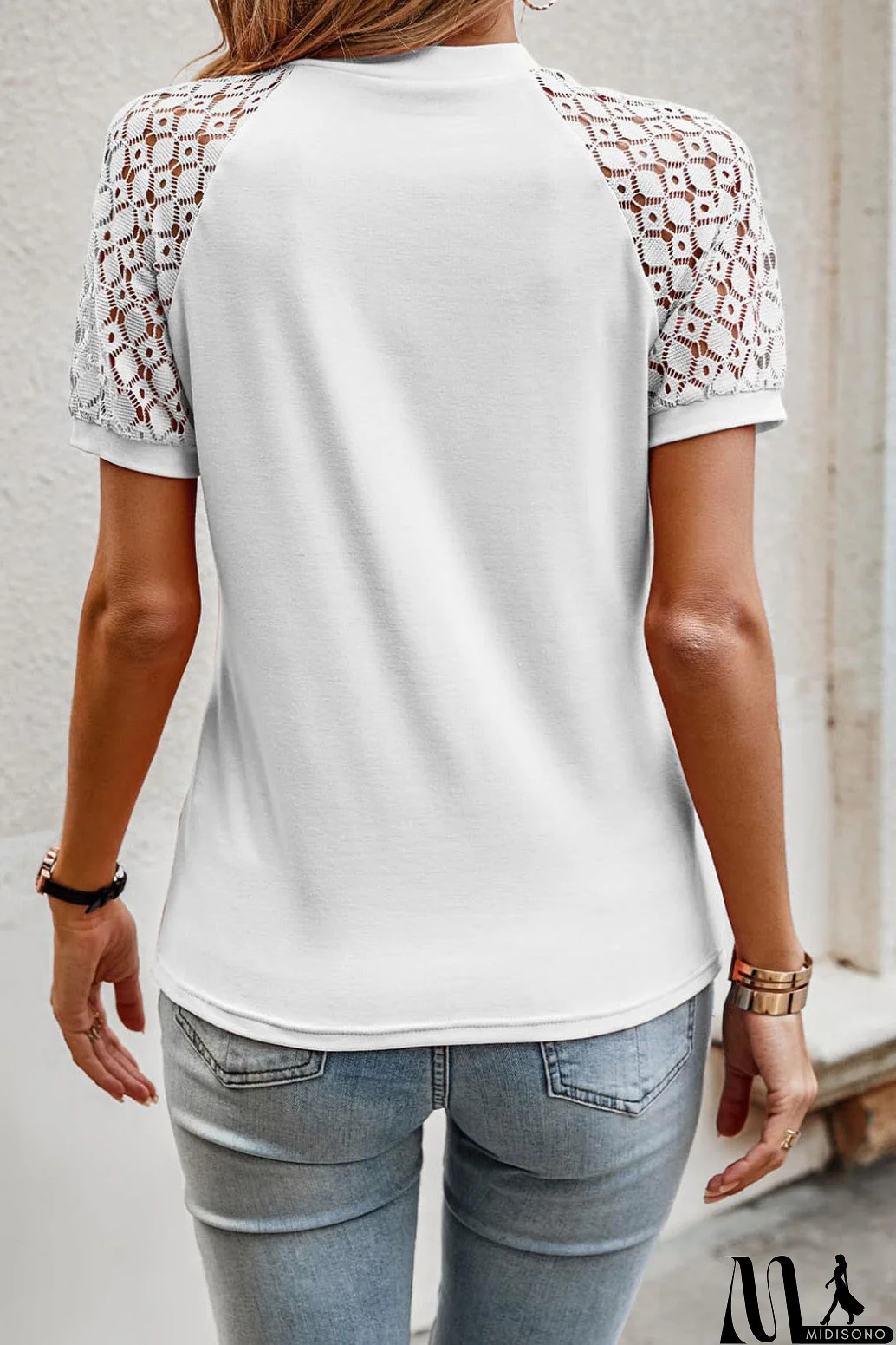 MidiSono - New Solid Pink T-shirt Lace Short-sleeve Top For Women