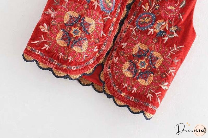 Boho Autumn Orang Floral Embroidery Sleeveless Outerwear Jacket