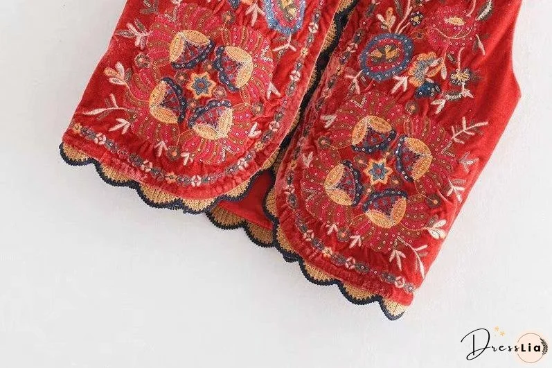 Boho Autumn Orang Floral Embroidery Sleeveless Outerwear Jacket
