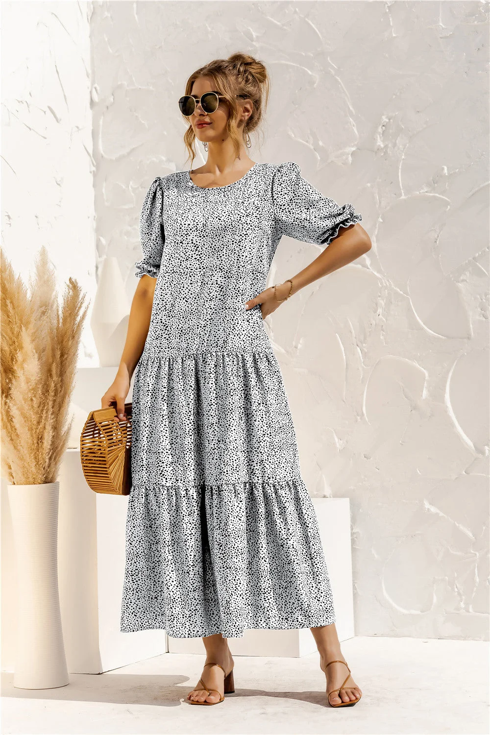 Brownm Sleeve Dot Plaid Urban Style Loose Stitching Long Dress