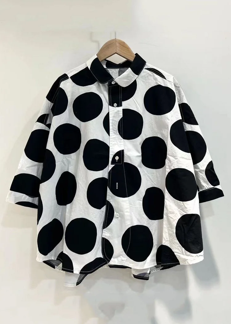 Loose Black Dot Peter Pan Collar Button Cotton Shirt Spring