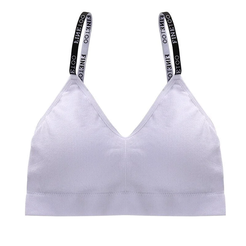 FINETOO Deep V Women Tops Fashion Letter Strap Bralette Girls Padded Bras M-2XL Plus Size Female Crop Top Ladies Sexy Lingerie