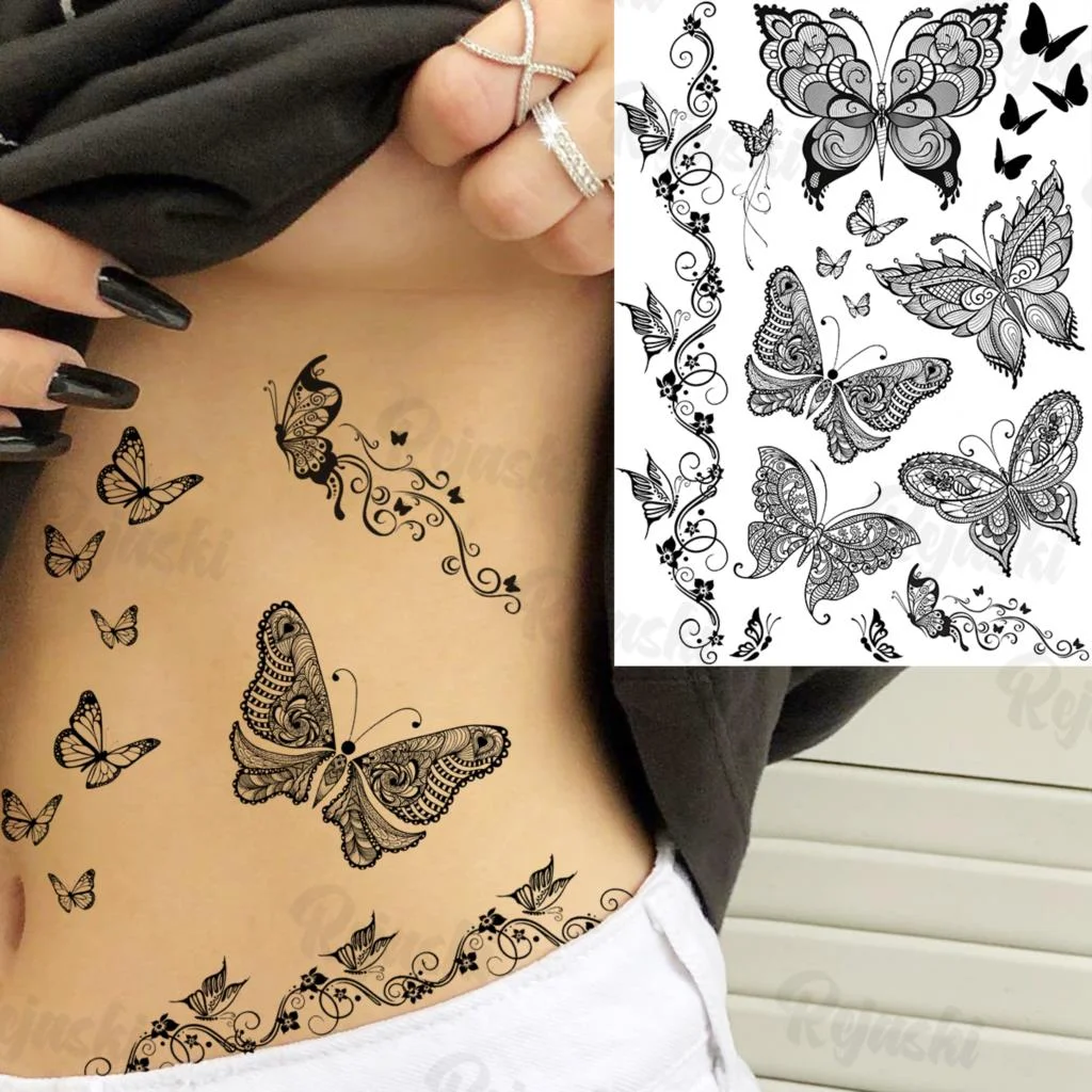 Sdrawing Elephant Pendant Temporary Tattoos For Women Men Lion Butterfly Snake Feather Fake Tattoo Sticker Glamour Back Body Tatoos