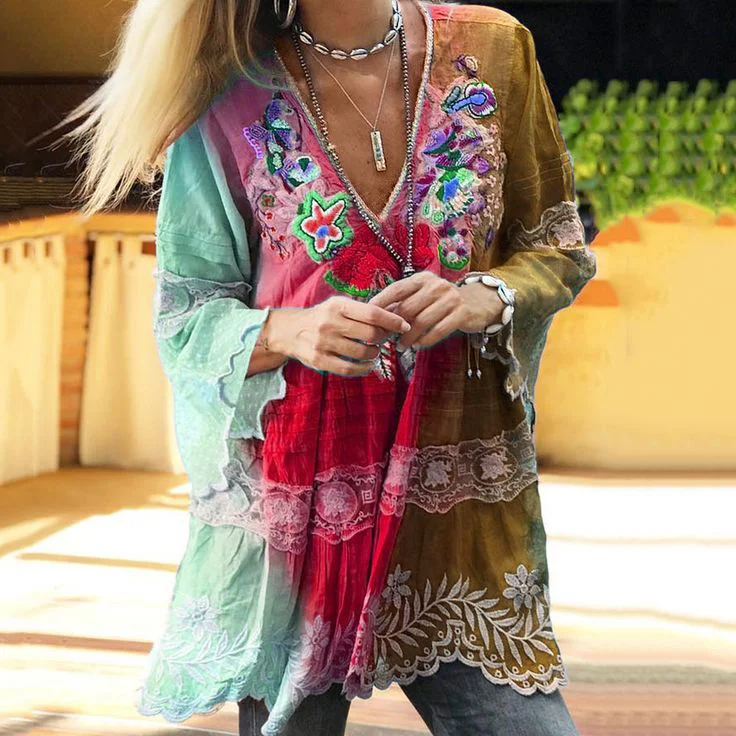 VChics Vintage Boho Purple Floral Embroidered Color Block Patchwork Linen V-neck Tunic