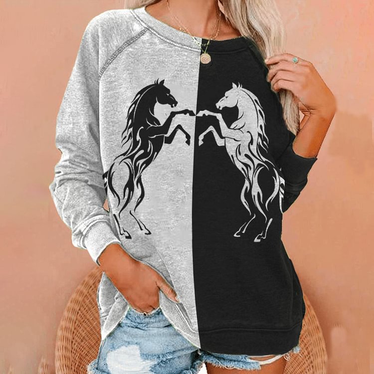 Vefave Casual Colorblock Horse Print Sweatshirt