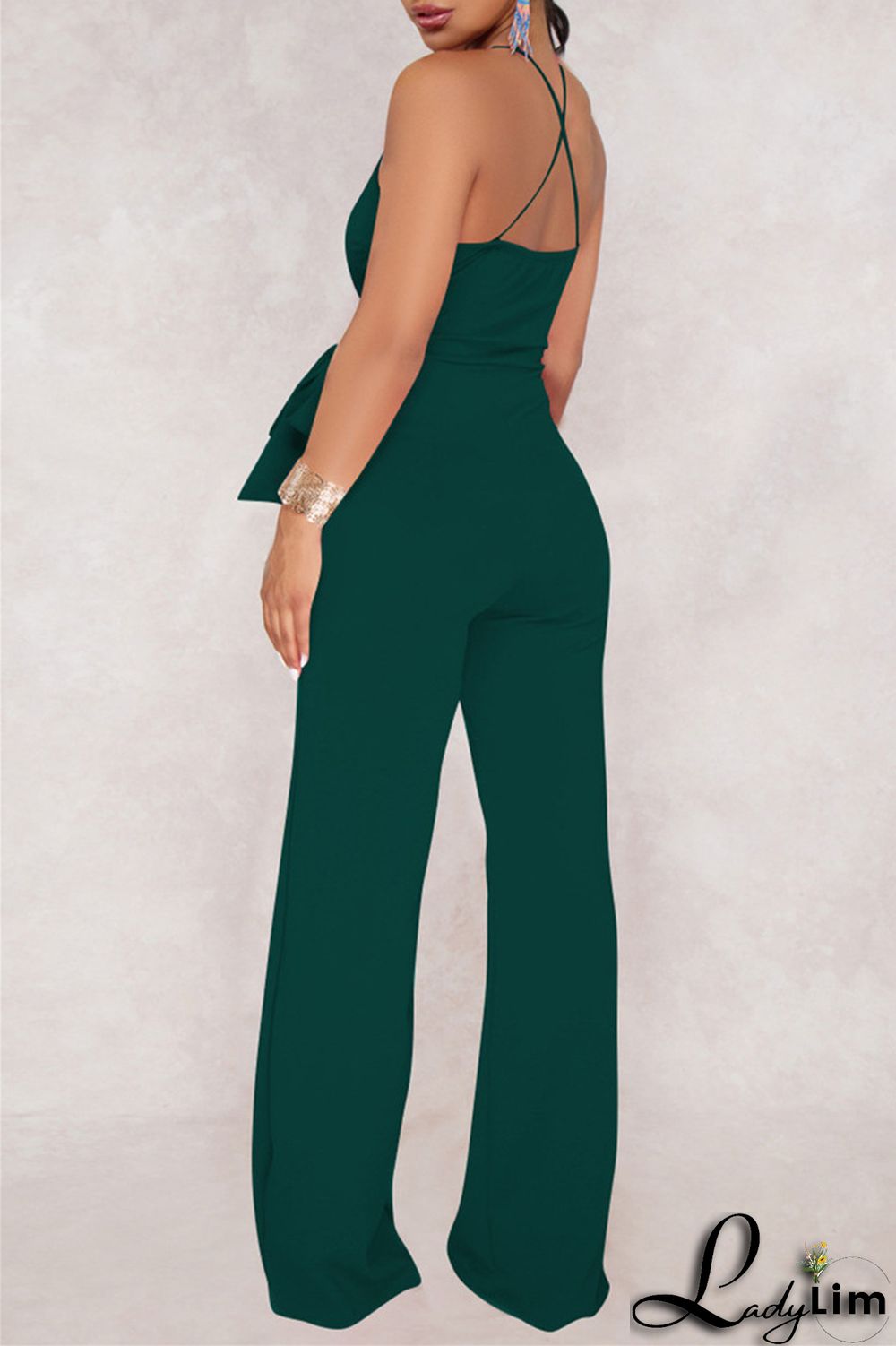 Army Green Sexy Casual Solid Backless V Neck Regular Jumpsuits