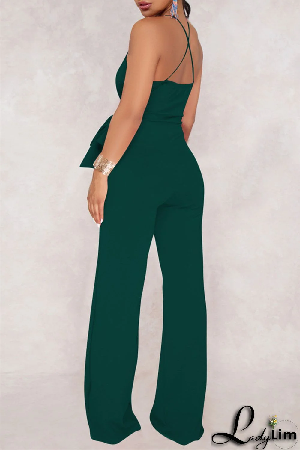 Army Green Sexy Casual Solid Backless V Neck Regular Jumpsuits